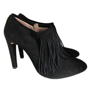 Chloé Su/Ki Black Suede Fringe Trim Ankle Booties Size EU 36.5/US 6.5